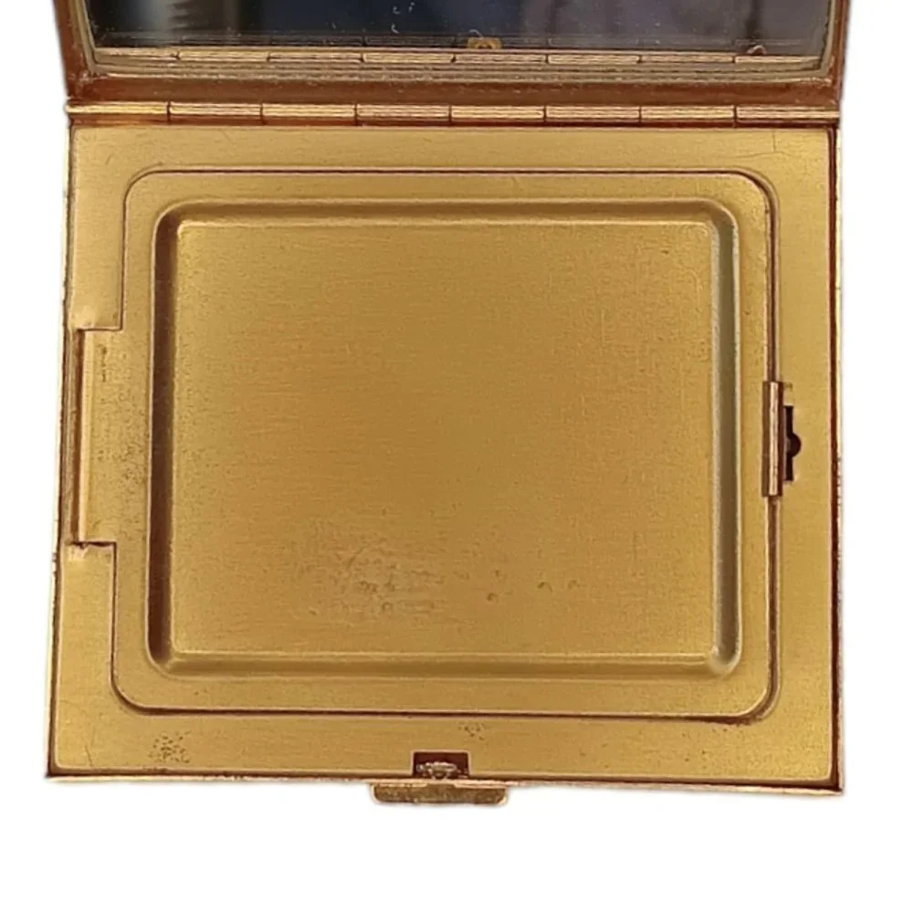 Vintage Gold Powder Compact With Mirror Wave Sea Ocean Design With Powder Puff